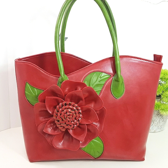 Vintage Handbags - Floral🌺Tote HandBag| Red Green|3D Embossed|Vegan